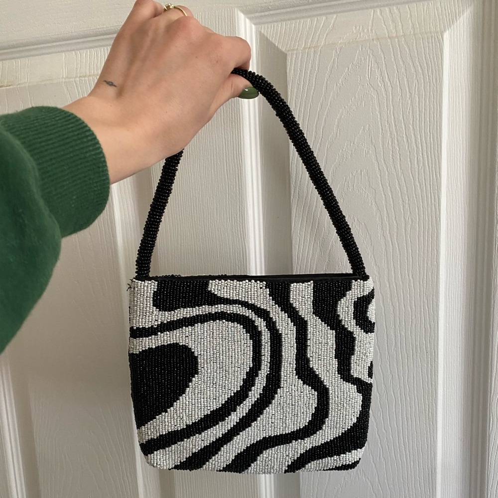 Swirly Black and White Beaded Handbag